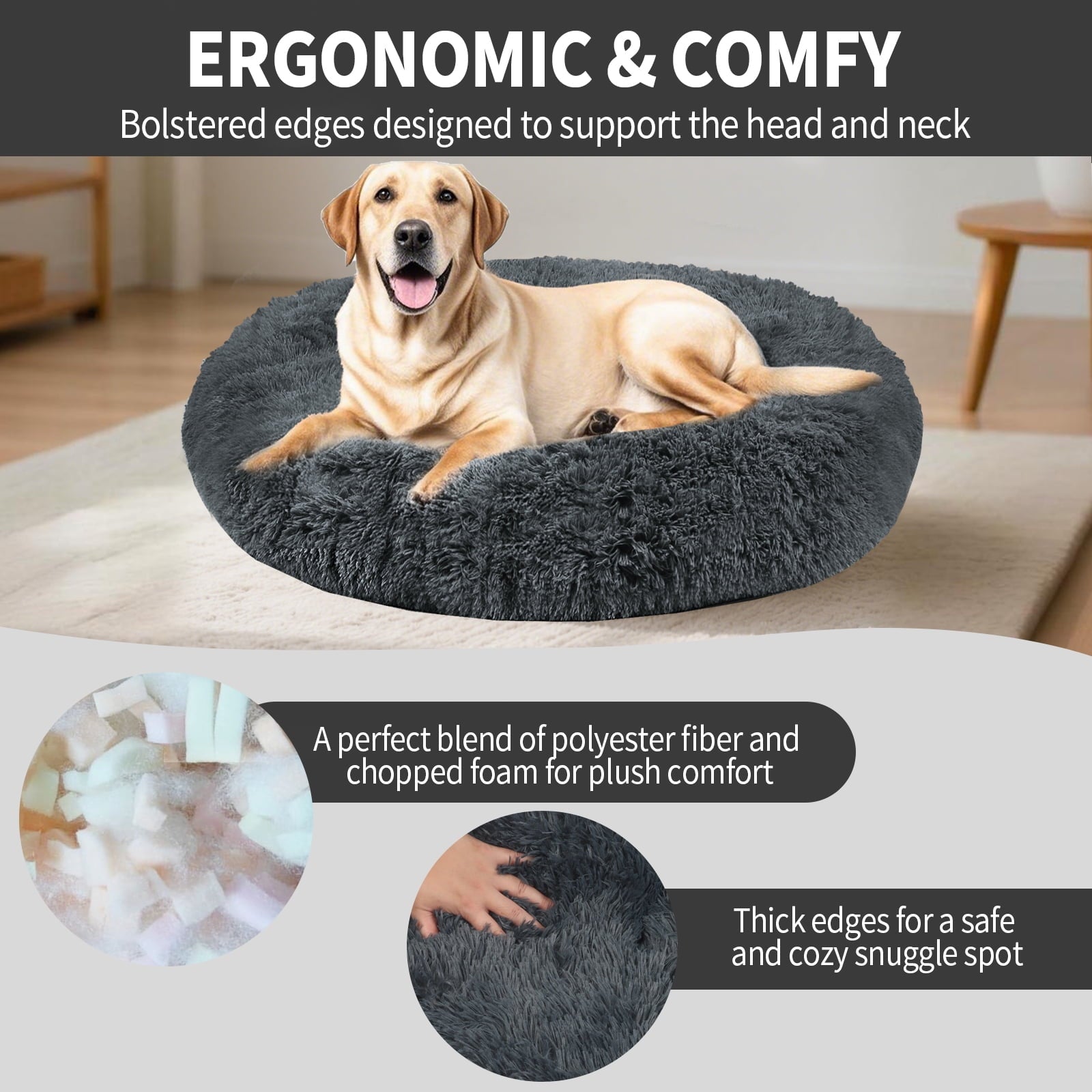Katieovy Fluffy Donut Dog Bed Large 40 Inch Washable Gray