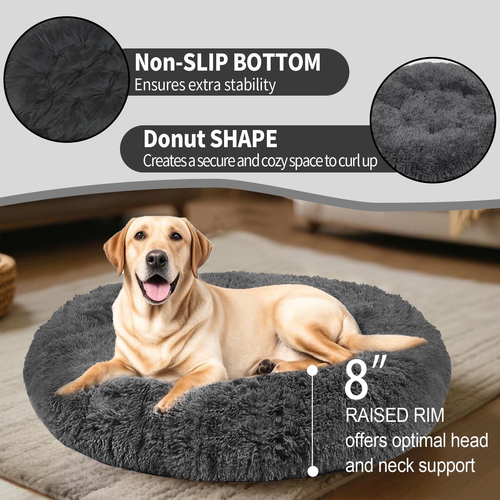 Katieovy Fluffy Donut Dog Bed Large 40 Inch Washable Gray